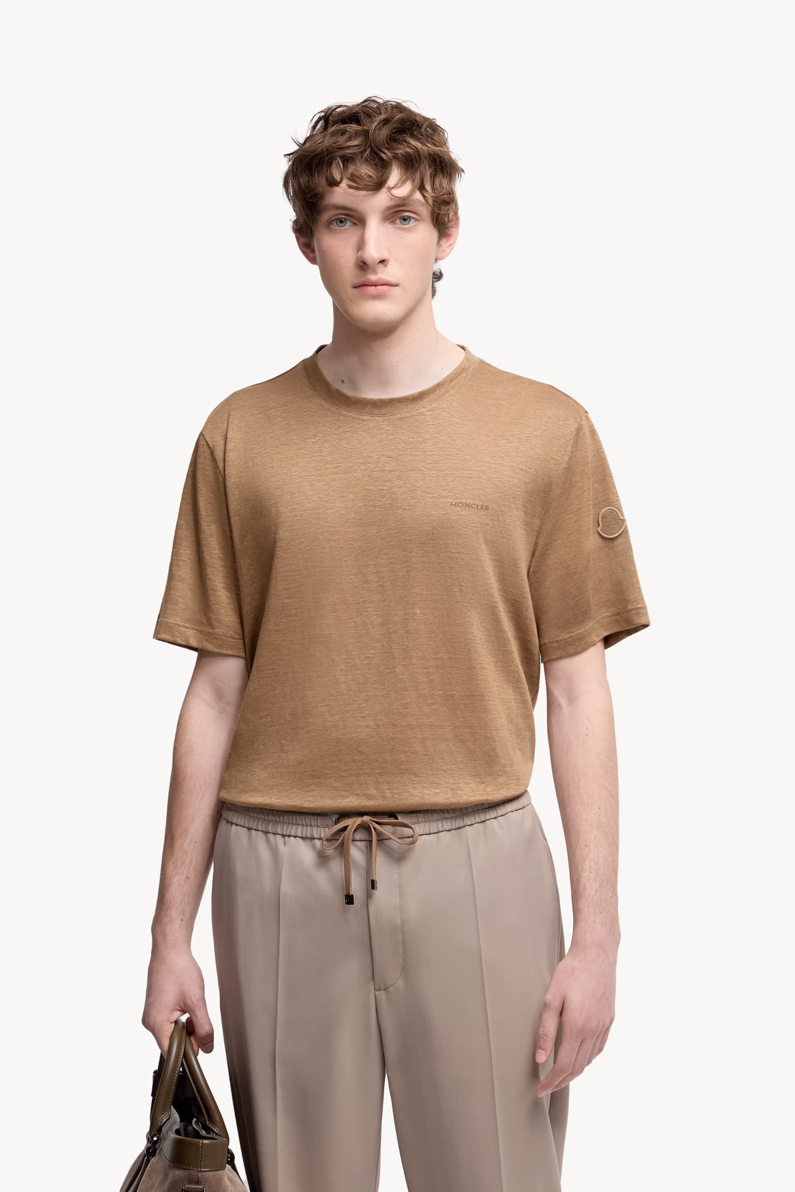 Logo Linen T-Shirt Men Ochre Yellow Moncler 0